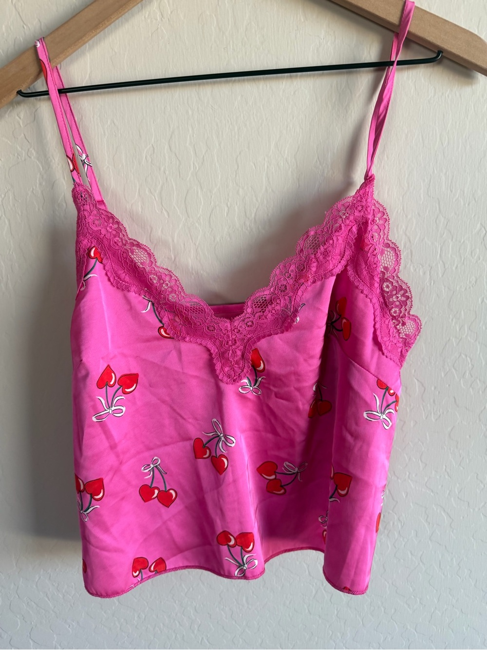 Pink Cherry Bows Lace Satin Cami Size M 90s Y2K Barbiecore Coquette Whimsy Fairy - Picture 3 of 5